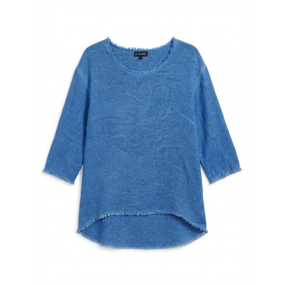 Flora Ashley Linen Cotton Top Xl Blue Lagenlook Boho Earthy Beach Short Sleeve